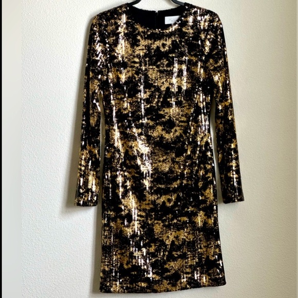 Adam Lippes Occasion Dress, Black and Gold sequined, long sleeve. Size 8 - Picture 2 of 5